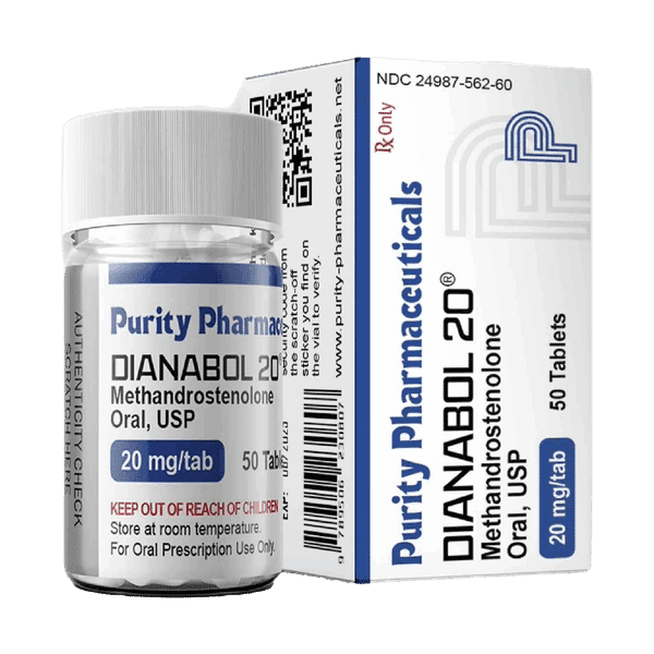 Doosje met een potje Dianabol 20 mg van Purity Pharmaceuticals, een krachtige anabole steroïde voor spiermassa en kracht.