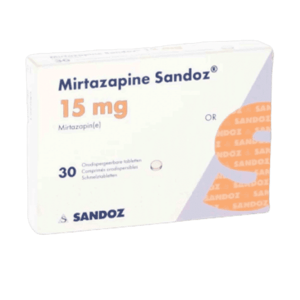 Afbeelding van een doosje Mirtazapine 15 mg van Sandoz, een antidepressivum dat wordt gebruikt voor de behandeling van depressie en angststoornissen.