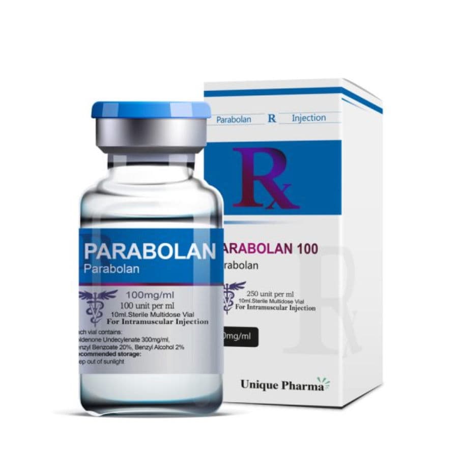 Doosje met een vial Parabolan van Unique Pharma, een krachtig anabool steroïde voor spiergroei en spierdefinitie.