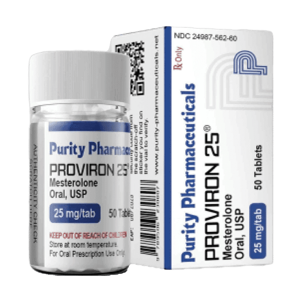 Afbeelding van een doosje en een potje Proviron 25 mg van Purity Pharmaceuticals, een medicijn met mesterolon voor het verbeteren van de hormoonbalans en spierdefinitie.