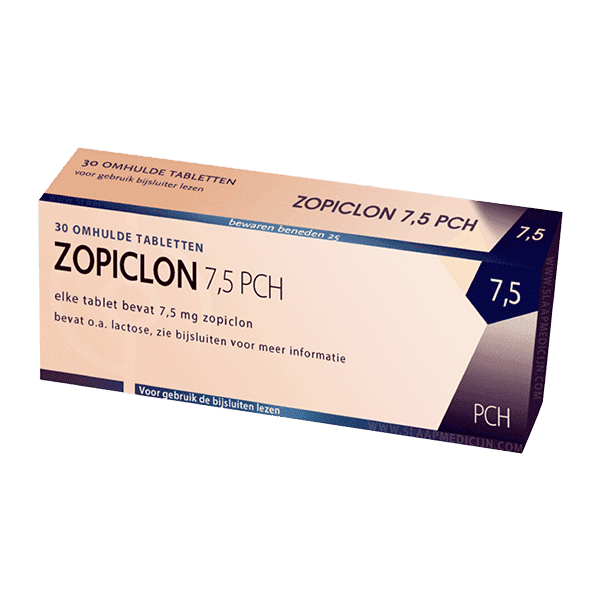 Afbeelding van een doosje Zopiclon 7.5 mg van PCH, een slaapmiddel voor de behandeling van slapeloosheid.