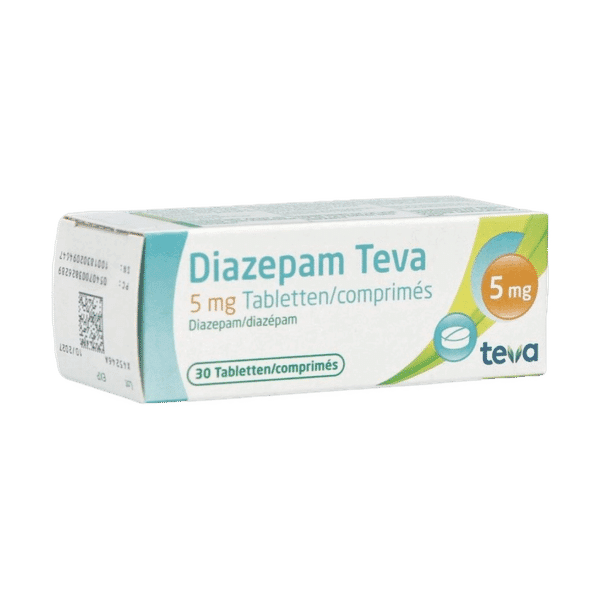 Doosje Diazepam 5 mg van Teva, een medicijn voor de behandeling van angst, stress en spierspanning.