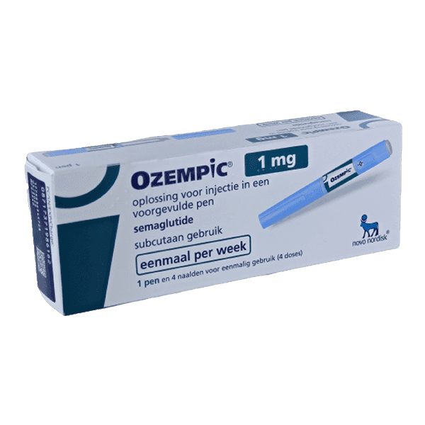 Afbeelding van een doosje Ozempic 1 mg, een injectiepen voor de behandeling van type 2 diabetes en gewichtsbeheersing.