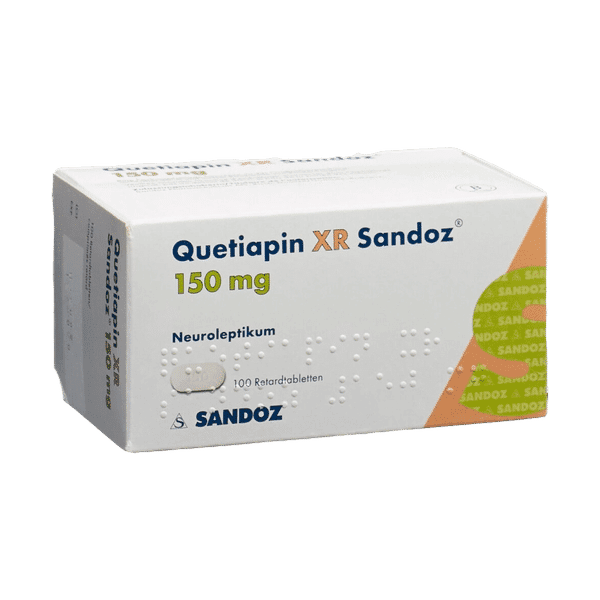 Afbeelding van een doos Quetiapine 100 mg van Sandoz, een antipsychoticum voor de behandeling van bipolaire stoornis en schizofrenie.