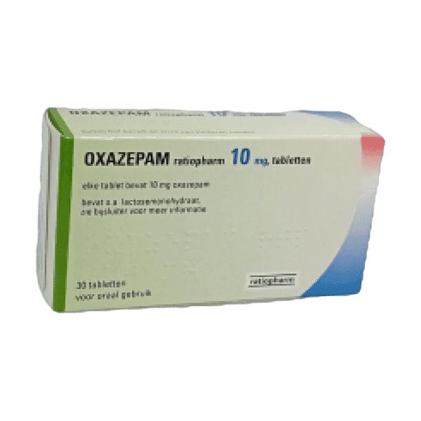 Afbeelding van een doosje Oxazepam 10 mg van Ratiopharm, een kalmeringsmiddel voor de behandeling van milde angst, spanning en slaapproblemen.