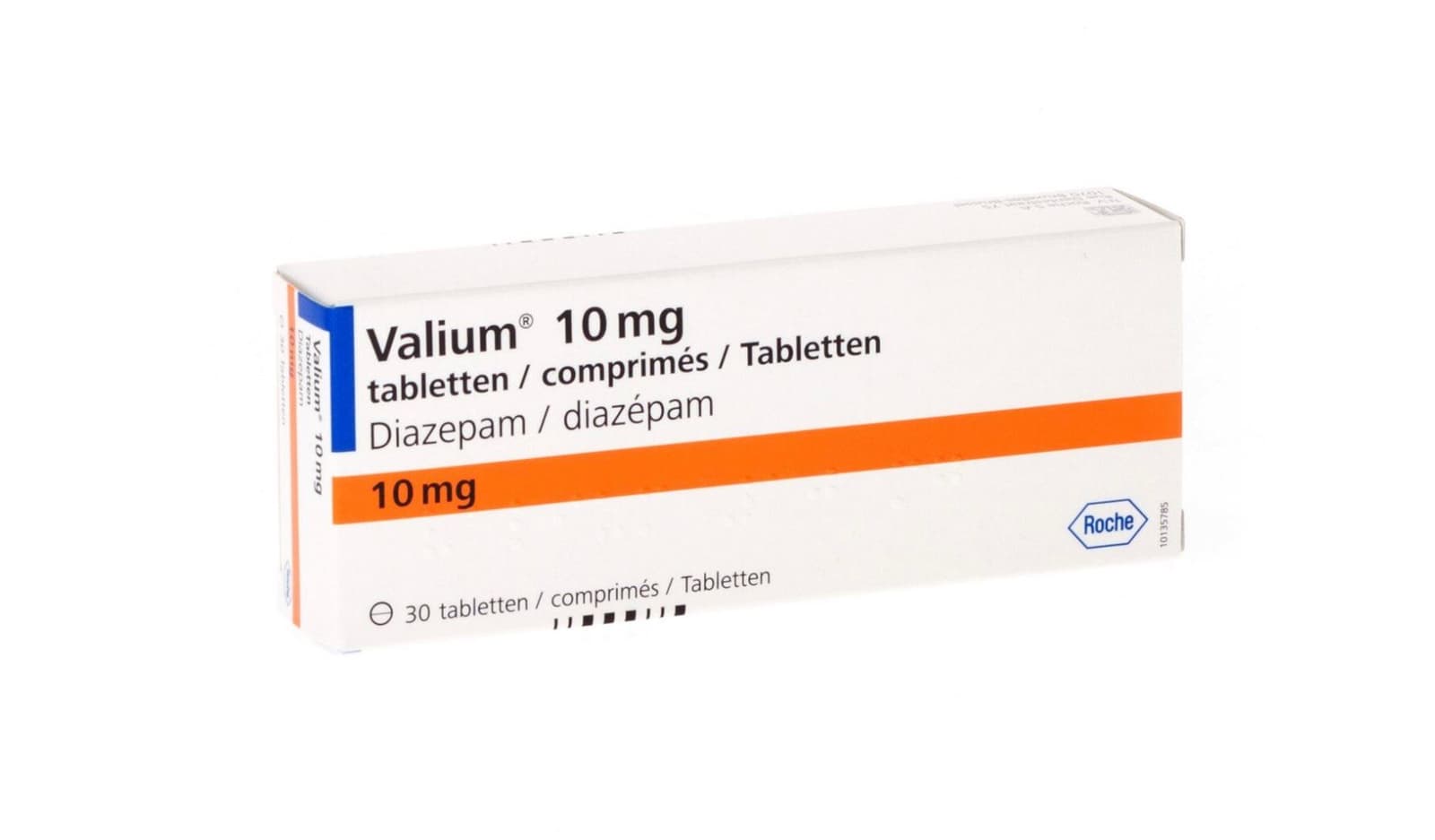 Doosje Diazepam 10 mg van Roche, een kalmeringsmiddel voor angst en spanning.