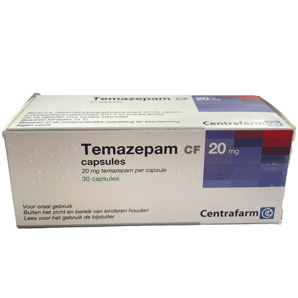 Afbeelding van een doosje Temazepam 20 mg van Centrafarm, een slaapmiddel dat wordt gebruikt voor de behandeling van slapeloosheid.