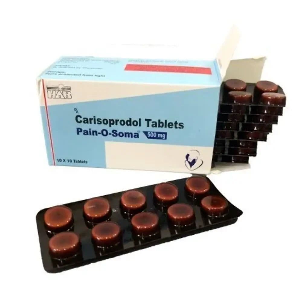 Doosje met strips Carisoprodol 500 mg, een effectieve spierontspanner voor acute pijnverlichting.